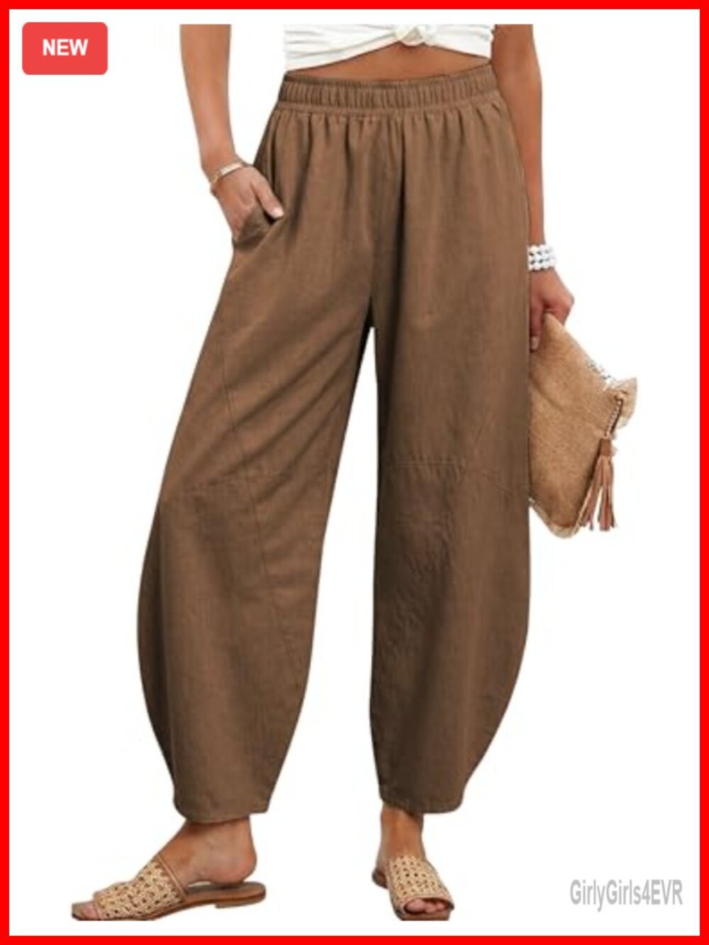 Wide Leg Barrel Capri Pants High Elastic Waist Loose Fit Casual Trousers